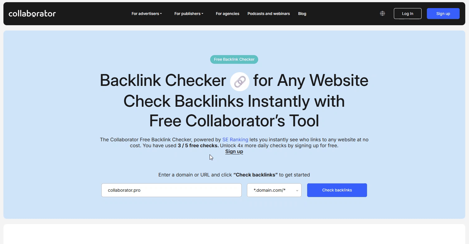 Animated demonstration of Collaborator’s Free Backlink Checker, showing a user entering a website URL and selecting different analysis options, including domain, subdomain, exact URL, and URL path, before checking backlinks.