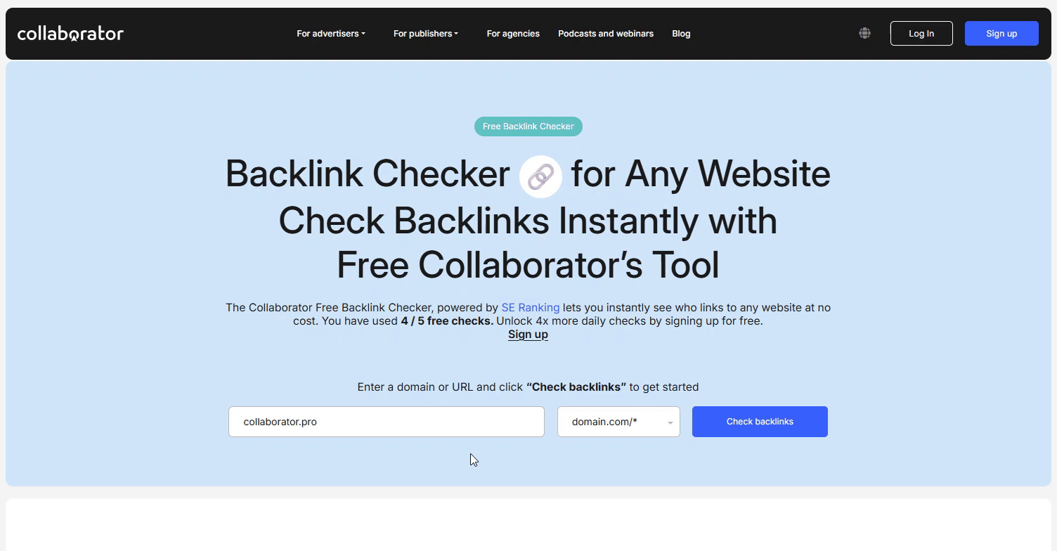 Animated demonstration of Collaborator’s Free Backlink Checker, showing a user entering a domain and checking its backlink profile to discover referring domains and link-building opportunities.