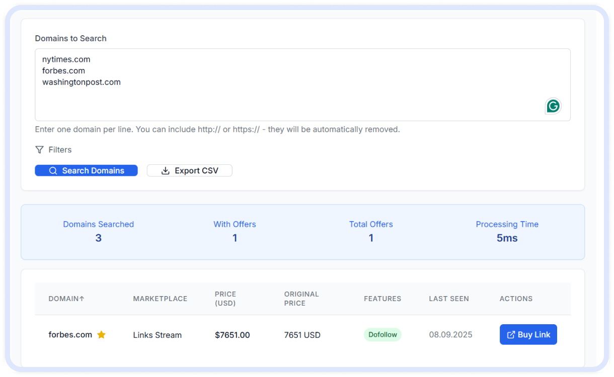 Backlink Price Checker shows forbes.com available on Links Stream marketplace for $7,651, with search summary of 3 domains searched and 1 offer found.