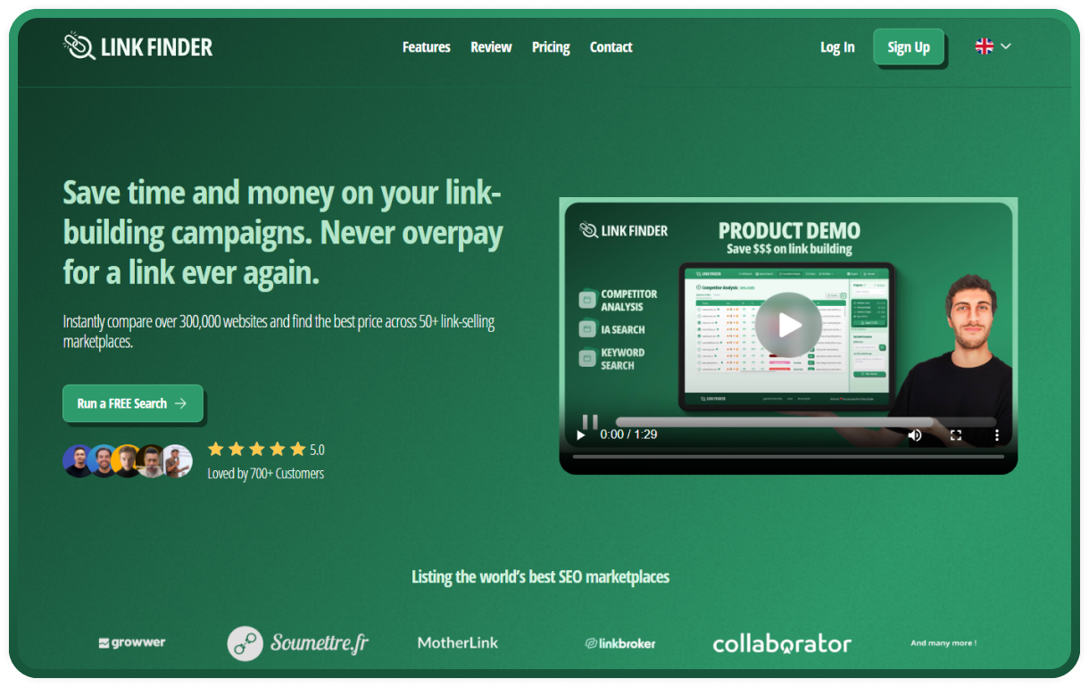 Link Finder homepage with tagline 'Save time and money on your link-building campaigns' and product demo video showcasing the platform.