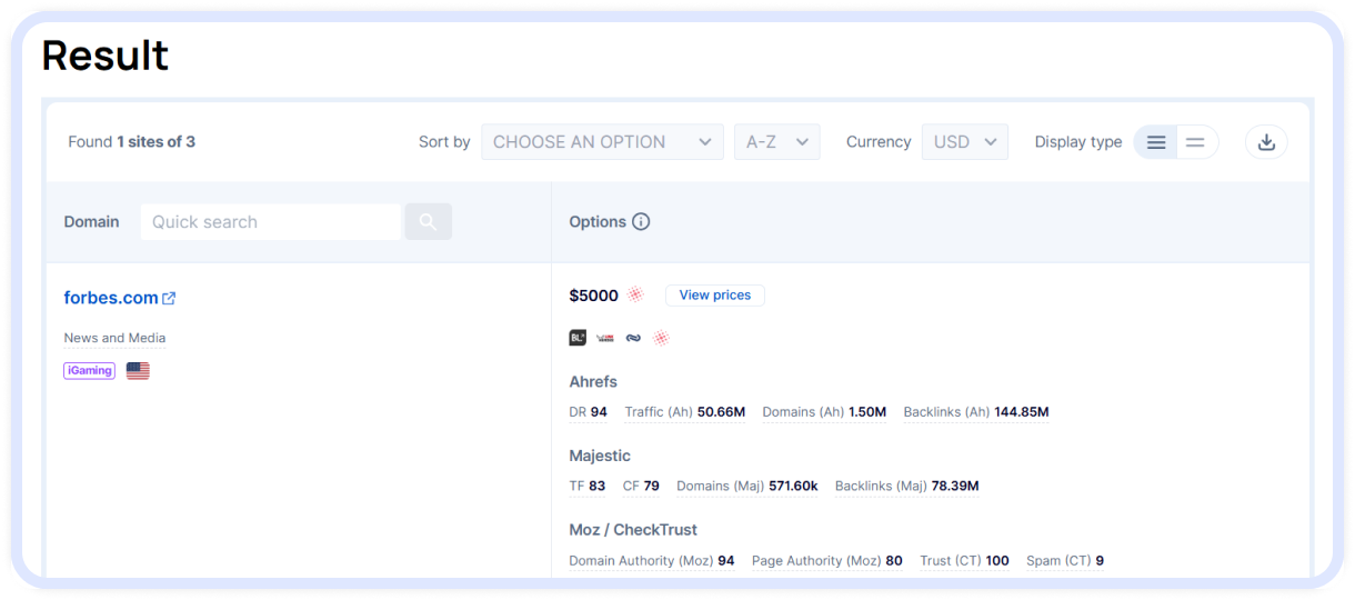 Forbes.com listing at $5,000 with detailed SEO metrics: DR 94, 50.66M traffic, 144.85M backlinks, and various Ahrefs, Majestic, and Moz scores on LinkBuilder.