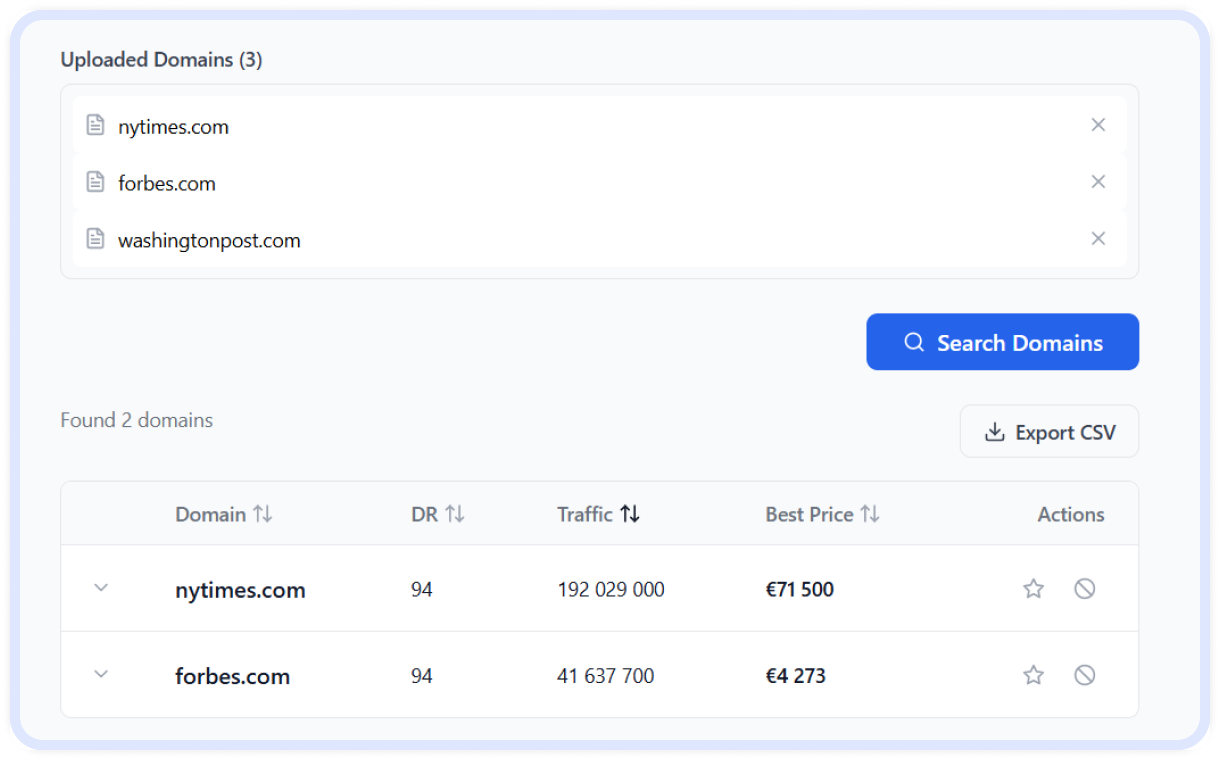 Domain search results on LinkPricer showing nytimes.com (€71,500) and forbes.com (€4,273) with their Domain Rating and traffic statistics.