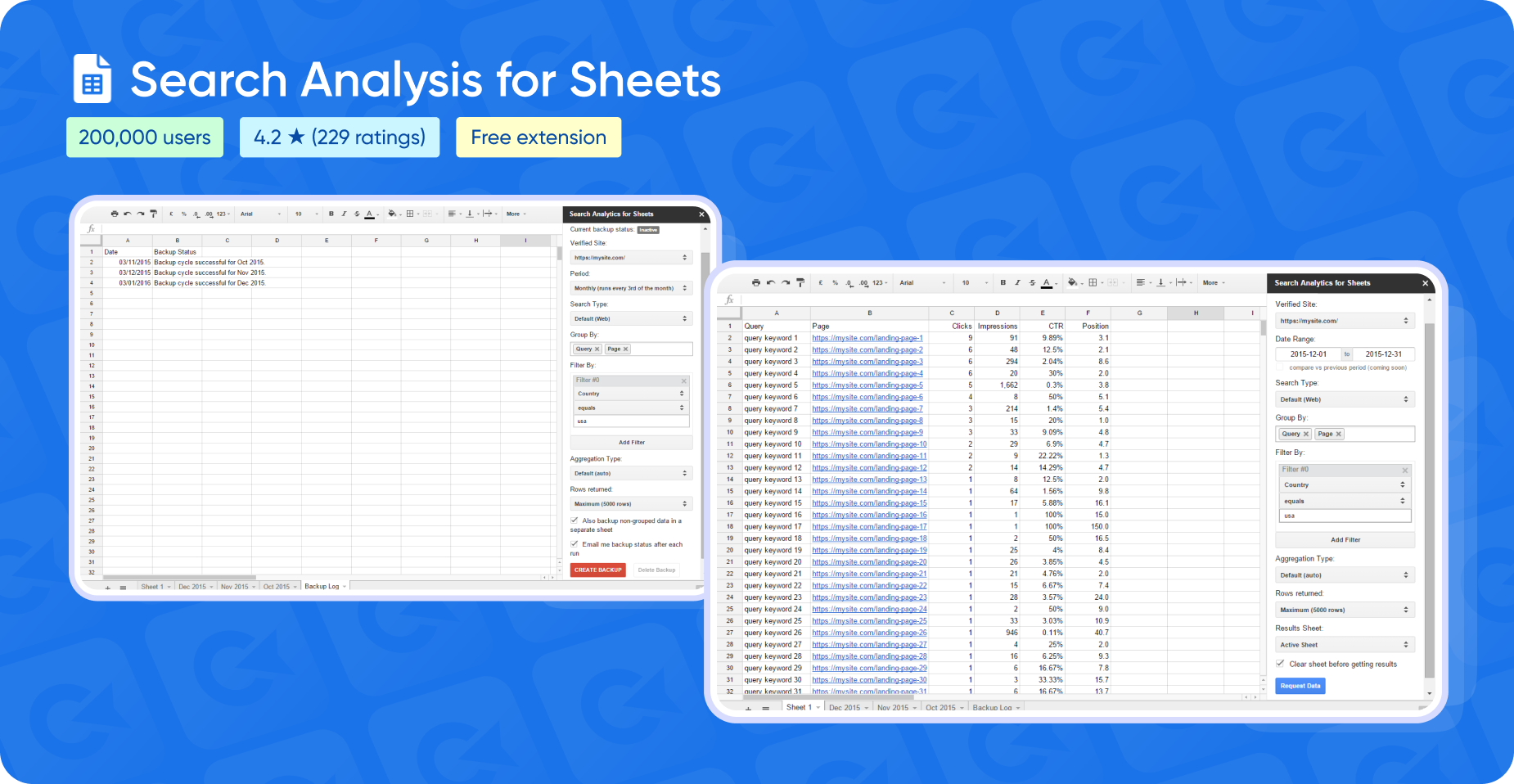 A screenshot illustrating Search Analysis for Sheets extension in action