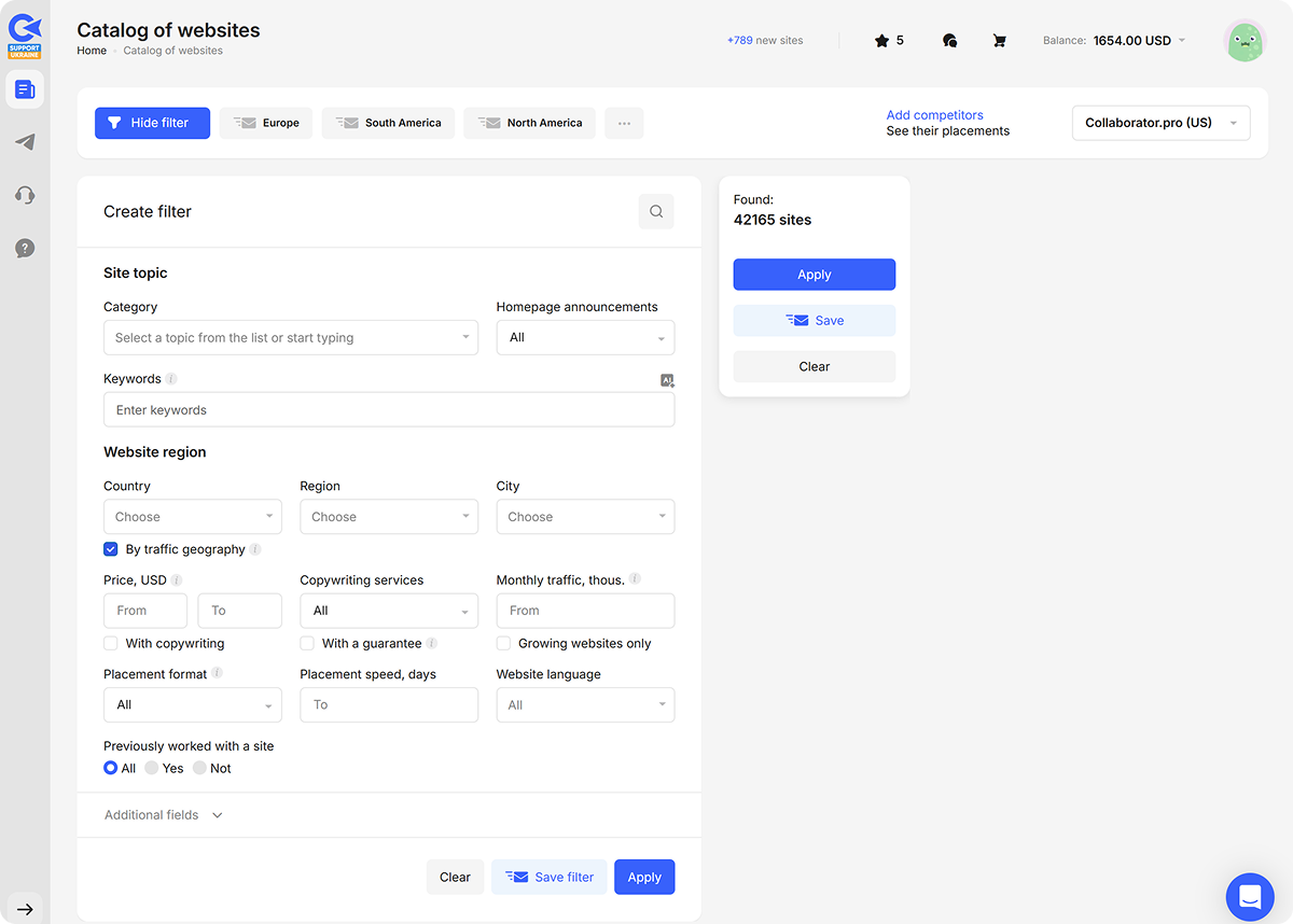 Collaborator.pro interface showing various filter options for selecting websites by topic and region.
