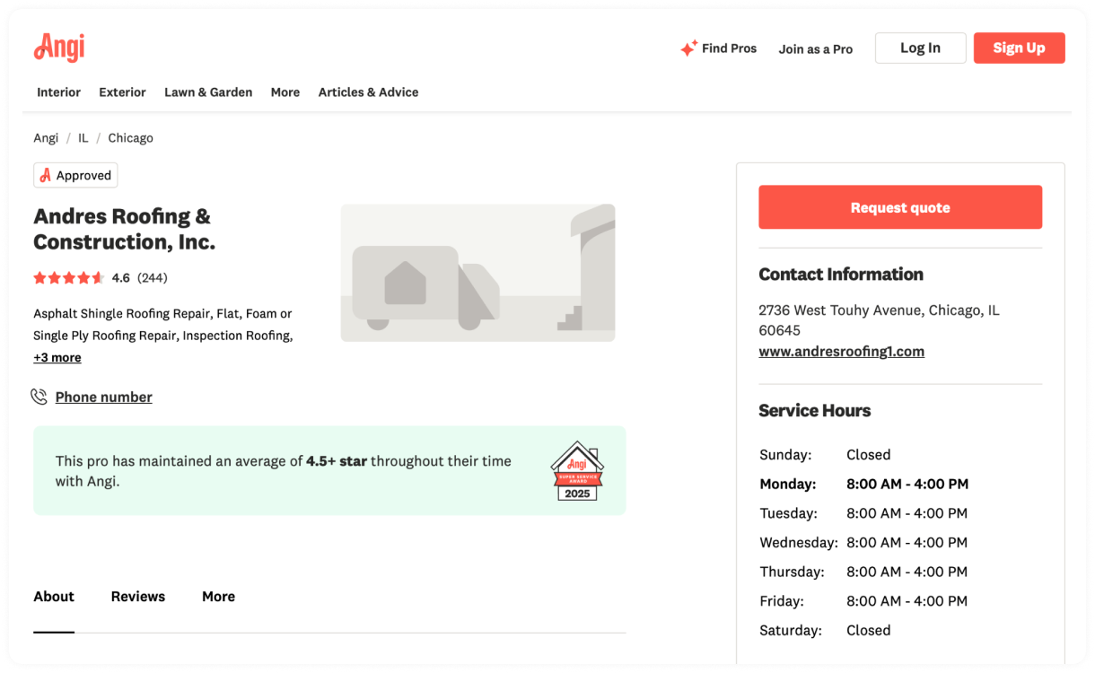 An Angi profile page for Andres Roofing & Construction showing services, ratings, and contact info.