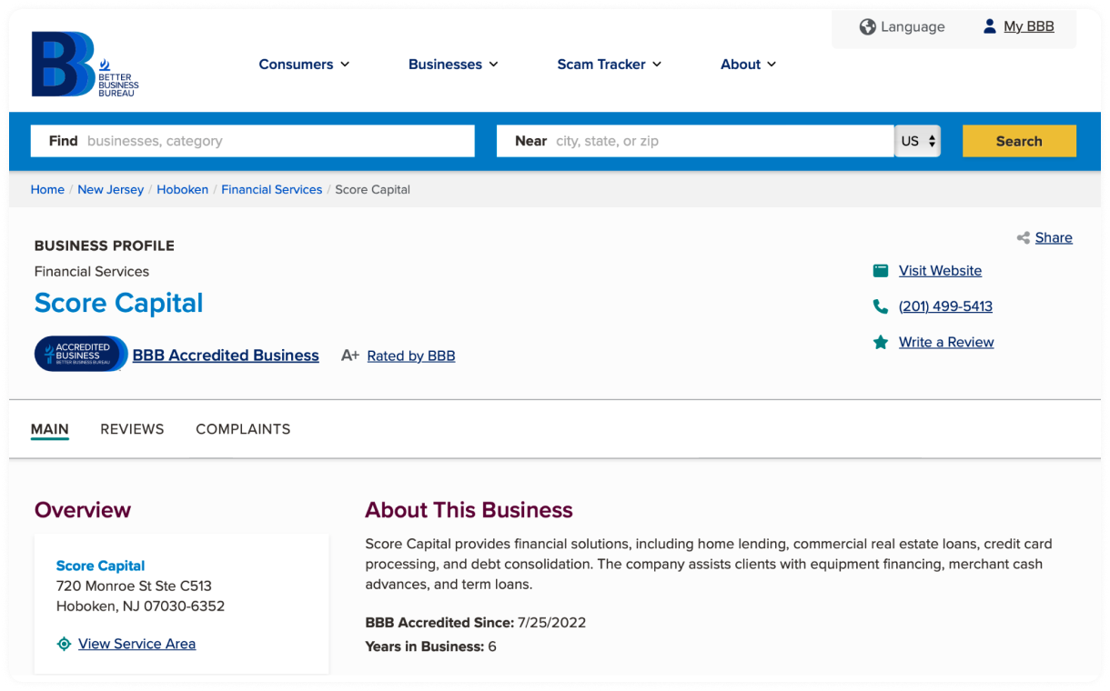 A Better Business Bureau profile page showing Score Capital as an accredited business.