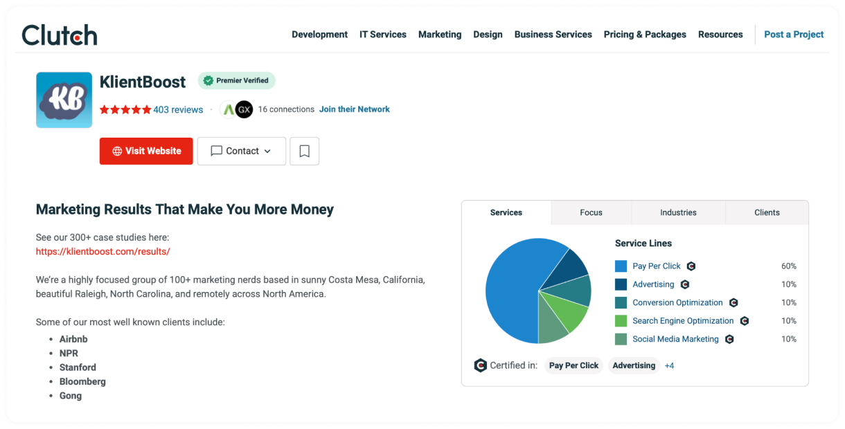Clutch profile page displaying KlientBoost's services, client list, and 403 reviews.