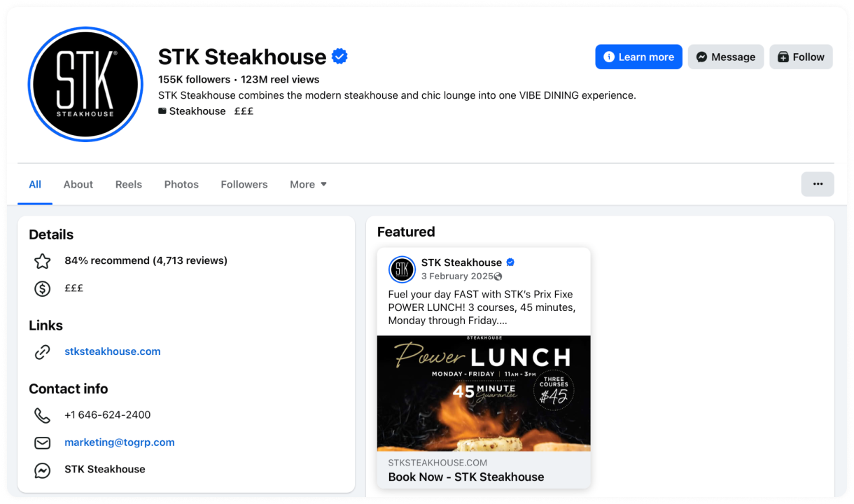 Facebook profile page for STK Steakhouse featuring a Power Lunch special advertisement.
