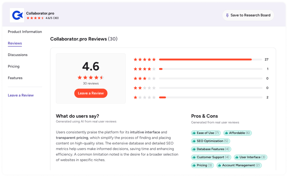 Overview of Collaborator.pro reviews in G2 showing a 4.6-star rating and user feedback on features.