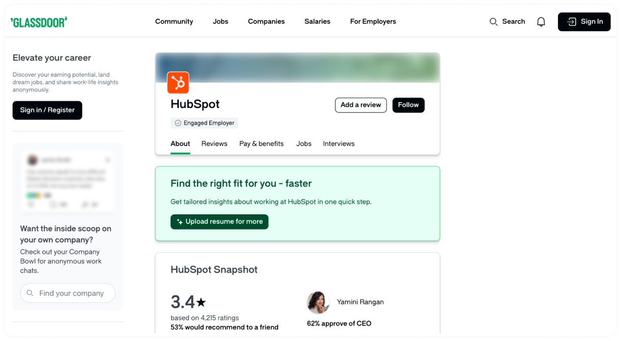 Glassdoor company profile page showing details and reviews for HubSpot