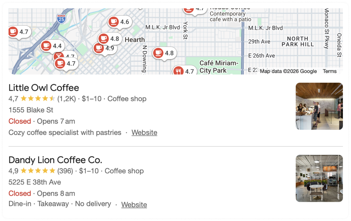 Google Maps search results showing two coffee shops with ratings and a map.