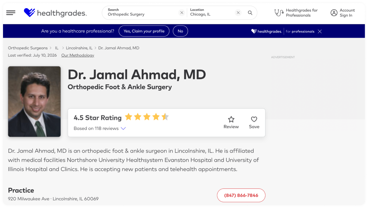 Healthgrades profile page for Dr. Jamal Ahmad, MD, an orthopedic foot and ankle surgeon, with a 4.5-star rating.
