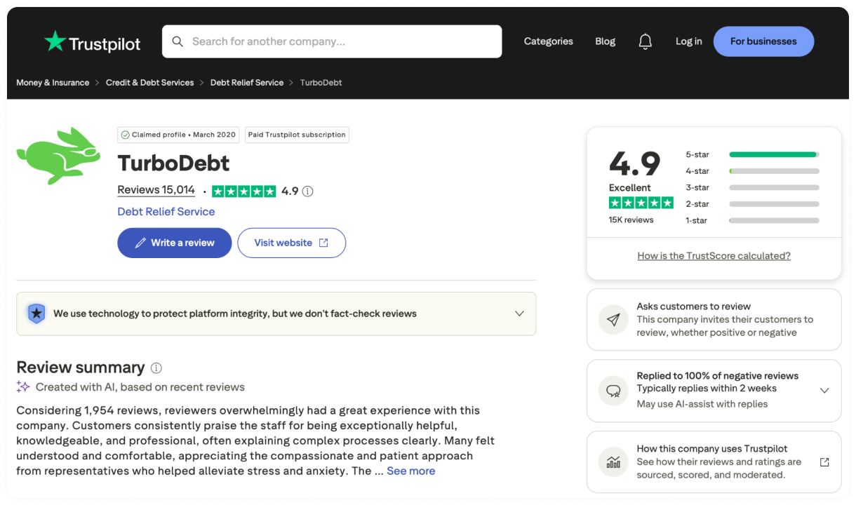 Trustpilot profile page for TurboDebt showing an excellent 4.9-star rating from over 15,000 reviews.