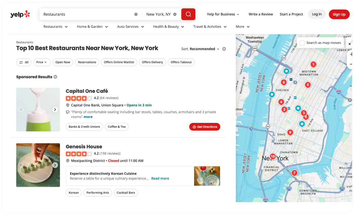 Yelp search results showing top New York City restaurants on a map with listings.