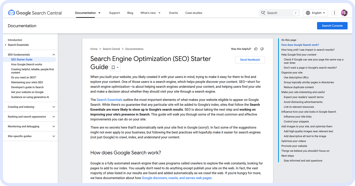 Google Search Central webpage open to the SEO Starter Guide with navigation on the left and search optimization tips displayed on the right.