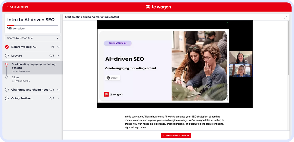 Screenshot of Le Wagon’s Intro to AI-Driven SEO course page, highlighting the AI-powered SEO lessons and signup section.