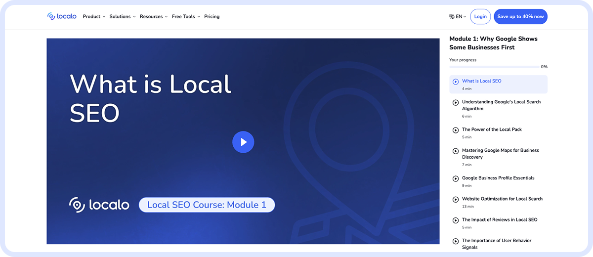 Screenshot of the Localo free Local SEO course page, displaying the course modules and lessons focused on Google Business Profile and local search optimization.