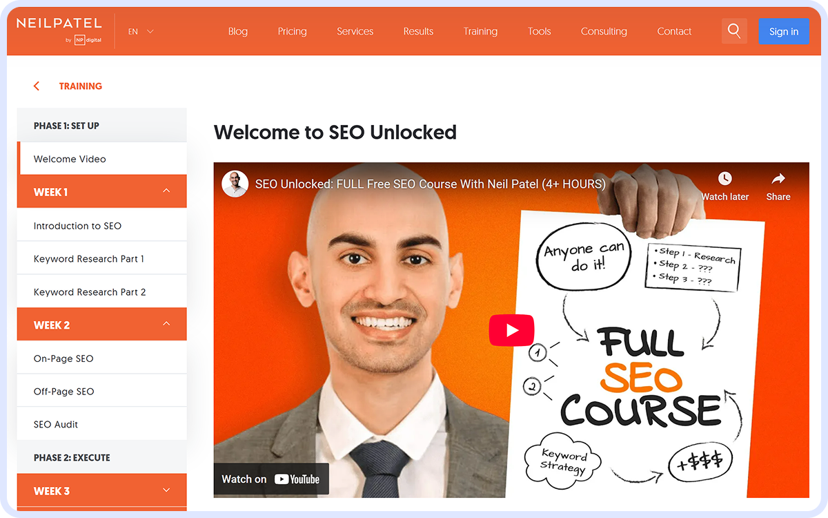 Neil Patel’s SEO Unlocked training page featuring a welcome video and a sidebar navigation with weekly SEO course modules like keyword research and SEO audit.
