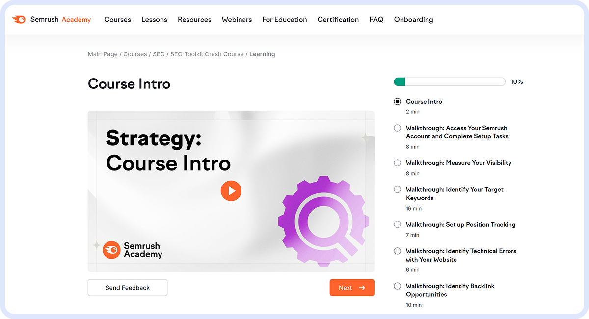 Semrush Academy course interface displaying a “Strategy: Course Intro” video and a progress tracker with SEO setup walkthrough lessons listed on the right.