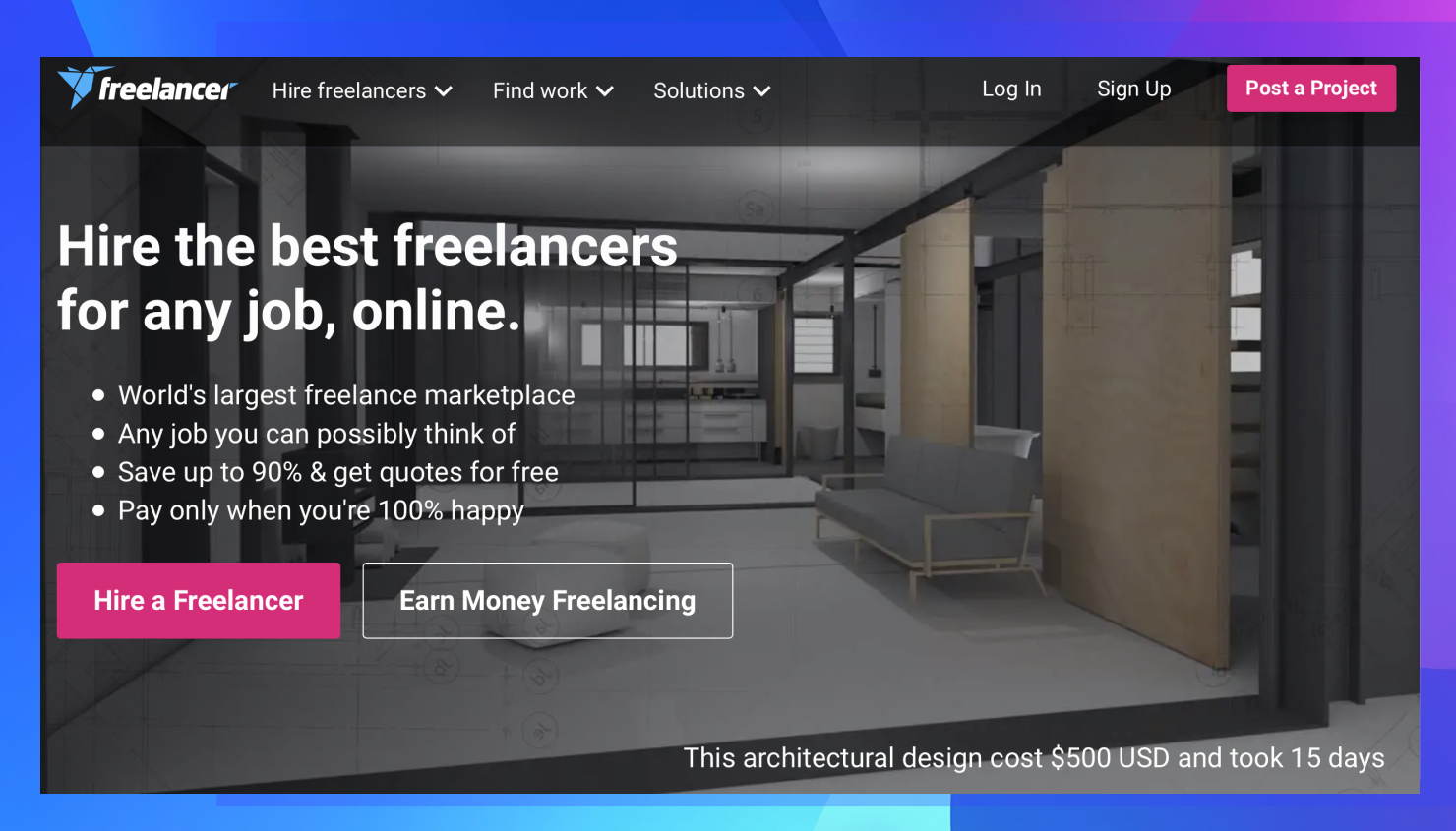 The homepage of the Freelancer website