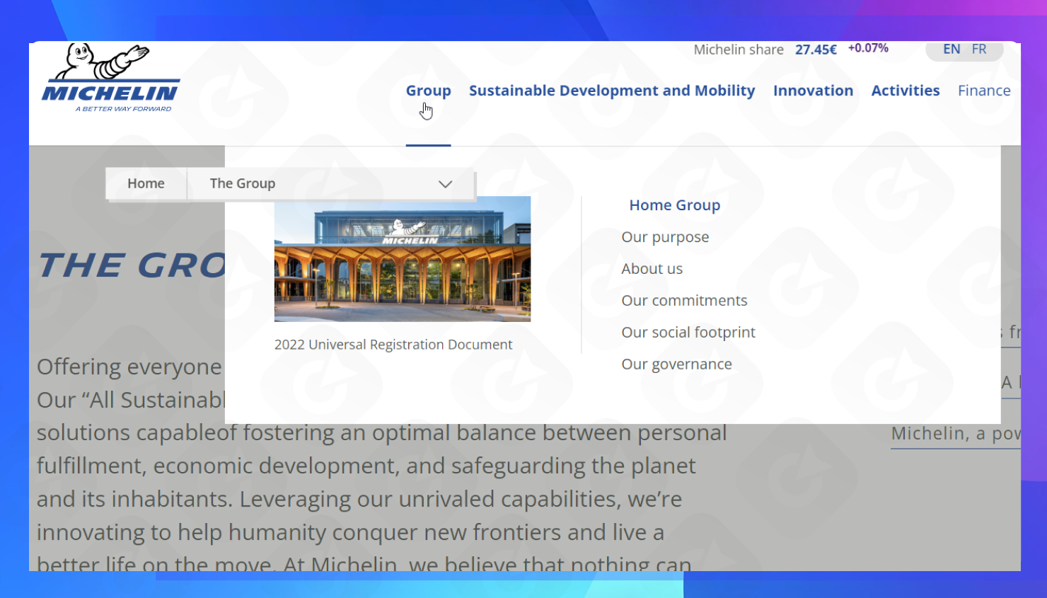 The homepage of the Michelin website