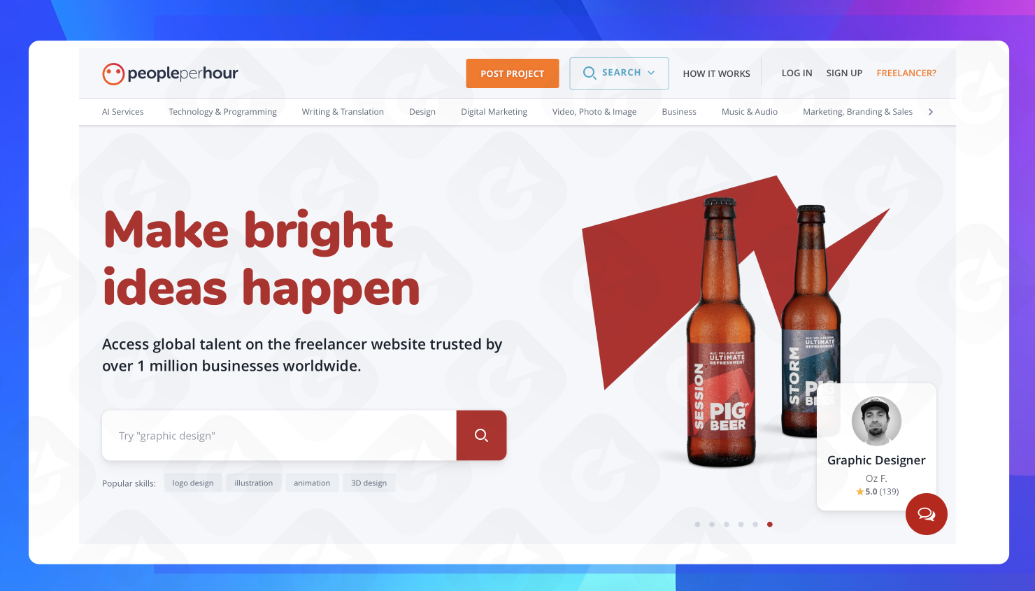 The homepage of the PeoplePerHour website