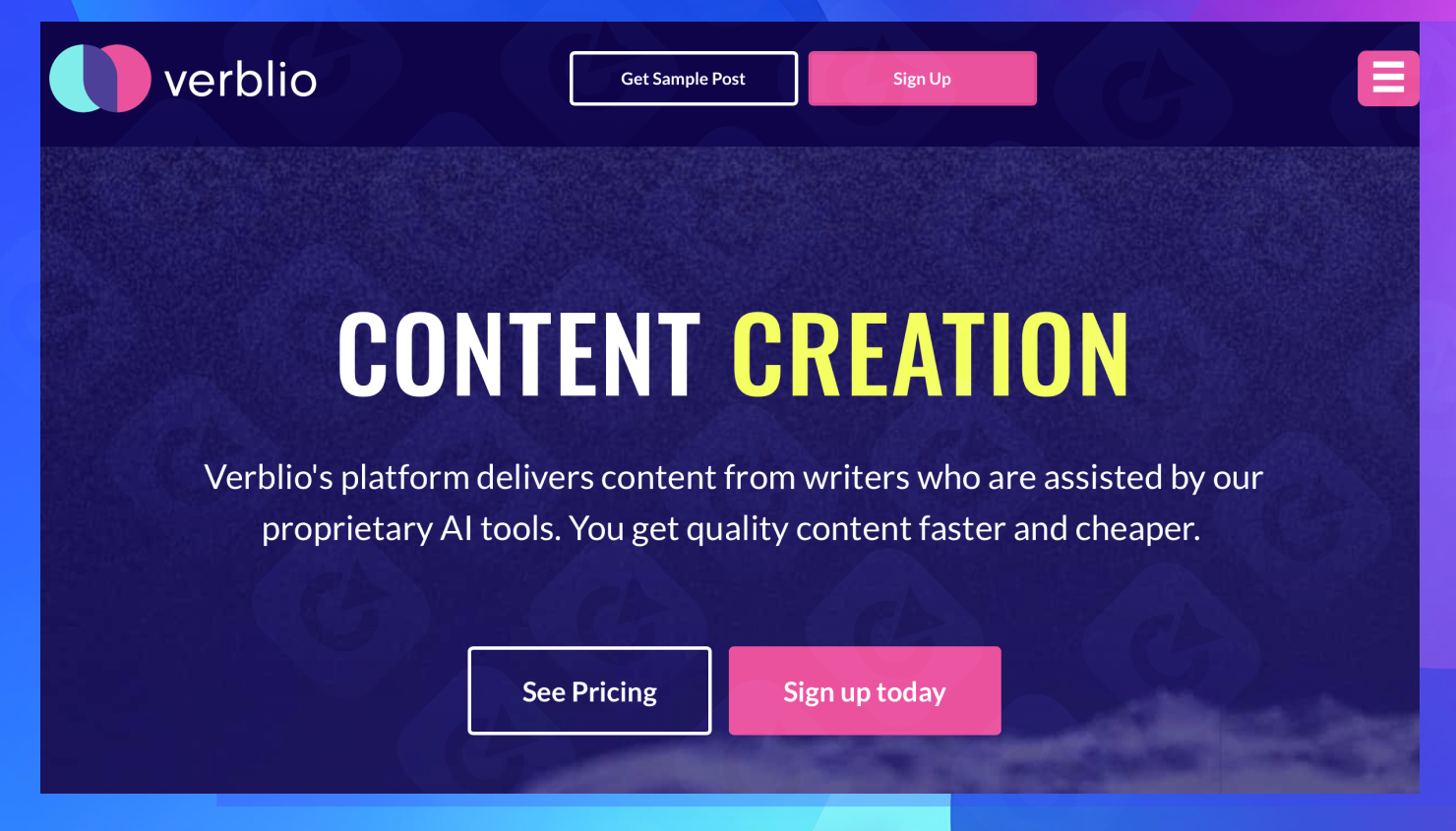 The homepage of the Verblio website