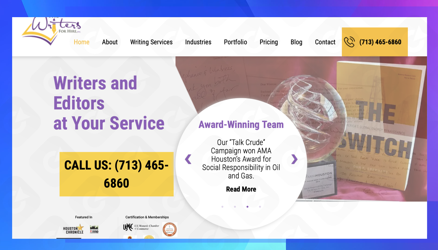 The homepage of the Writers for Hire website