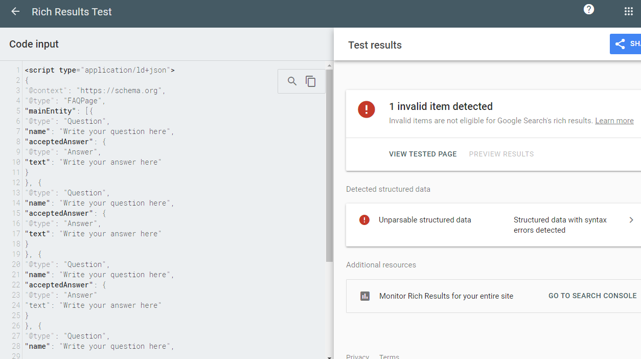 An example of a markup containing errors
