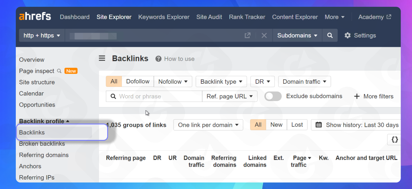 How to check the website's backlink profile using the Ahrefs tool.