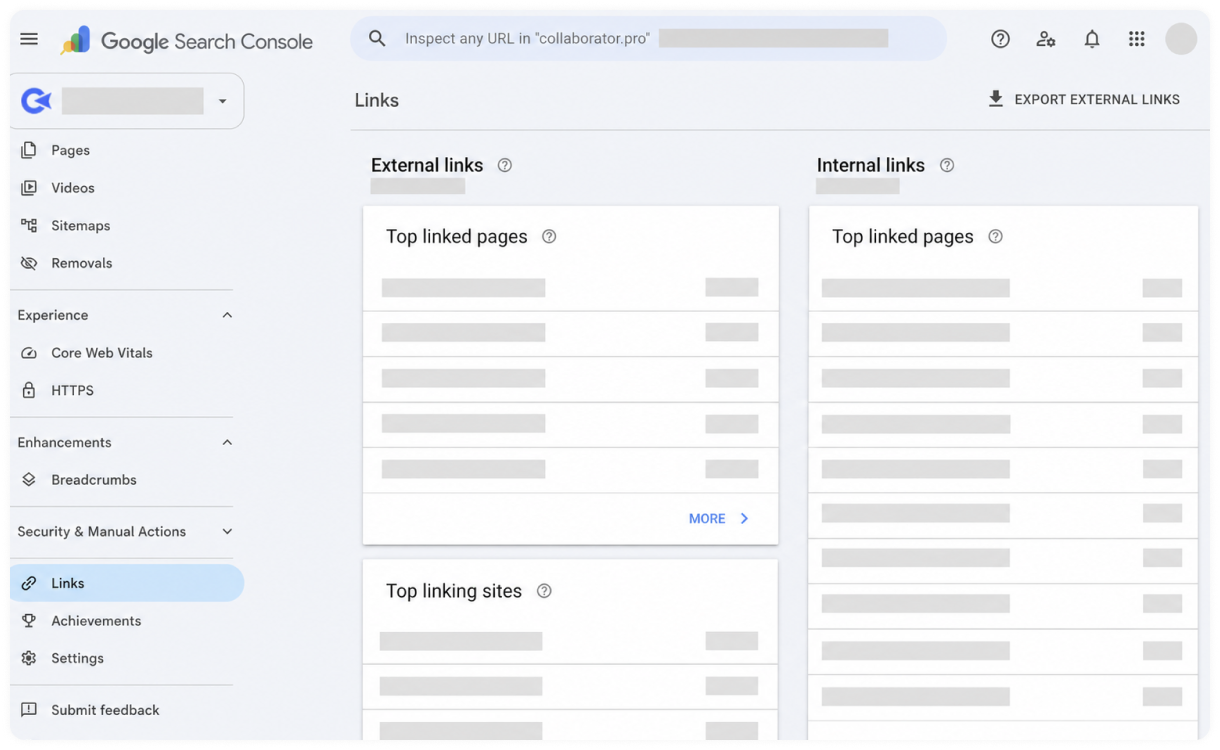 Dashboard view of Google Search Console showing external and internal links sections.