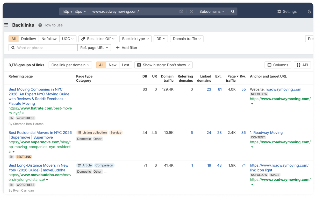 Ahrefs displaying backlinks data for roadwaymoving.com, showing referring pages and domain metrics.