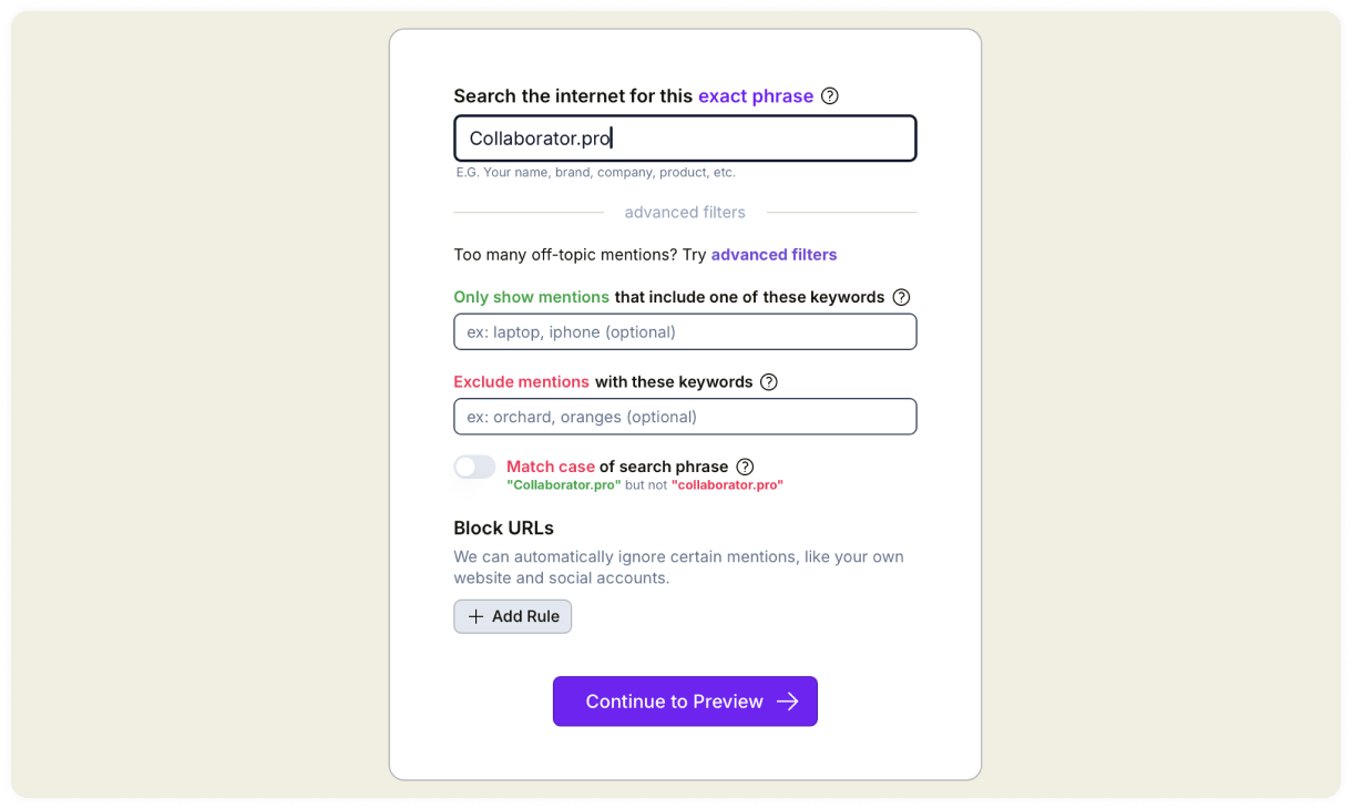 A screenshot showing the search settings for a mention monitoring tool with keyword filters.