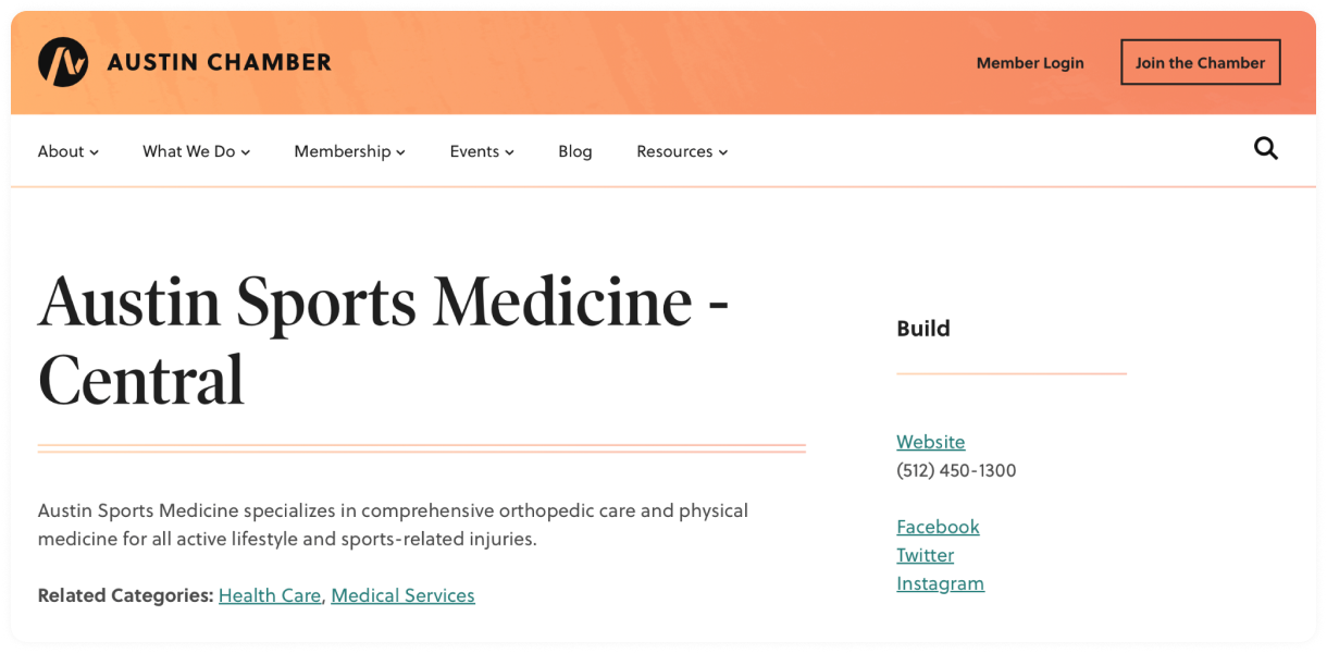 Austin Chamber website showing Austin Sports Medicine featured page with contact information.