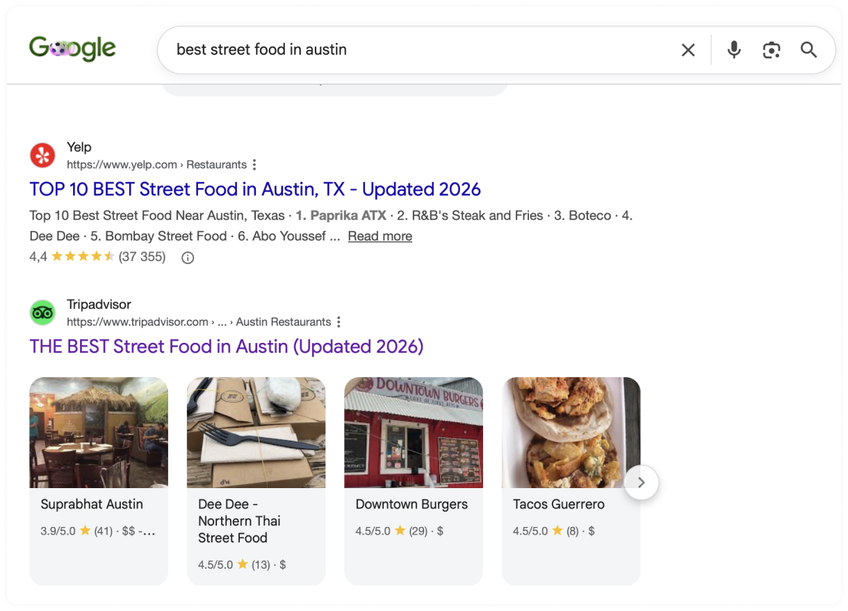 A Google Search results page showing Yelp and TripAdvisor listings for best street food in Austin, Texas.
