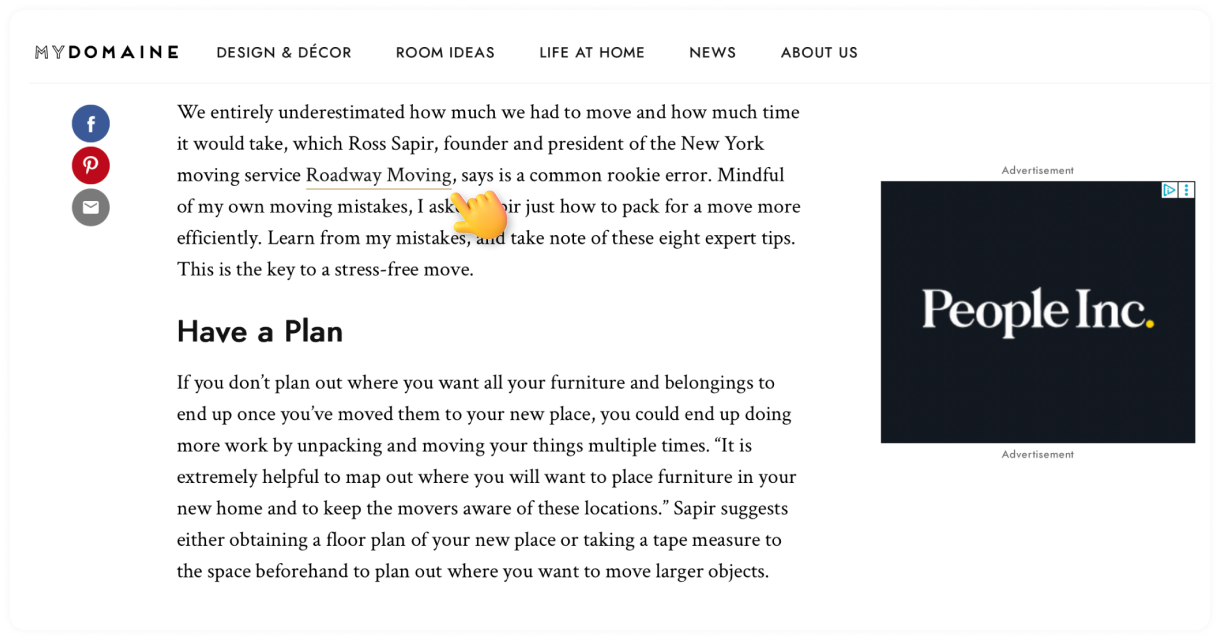 A MYDOMAINE article page with a social share bar and an advertisement for People Inc.