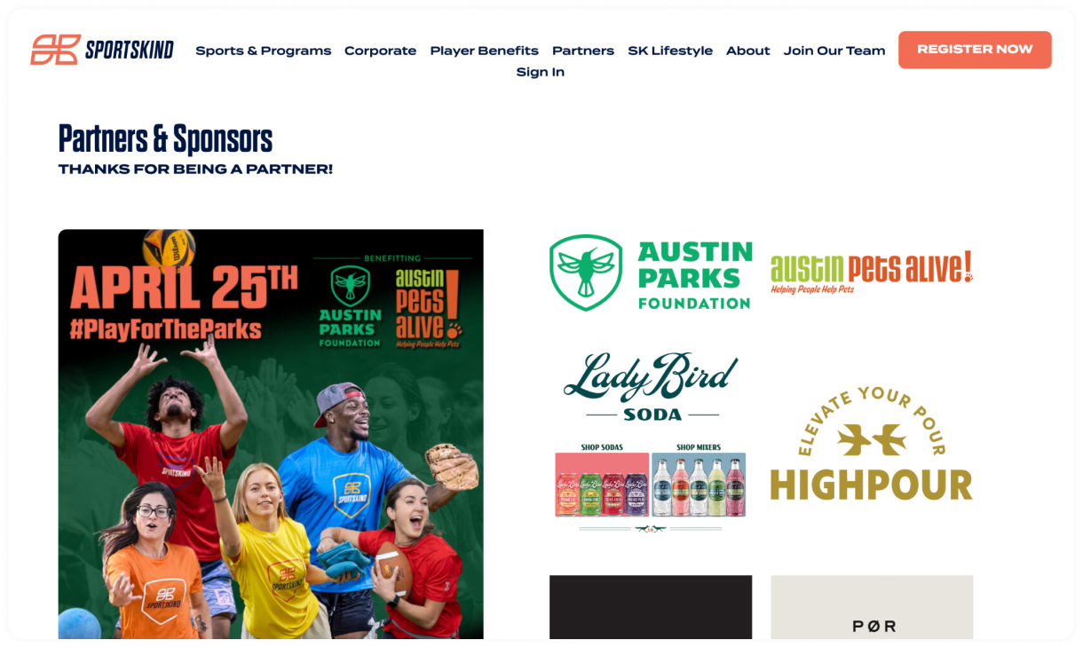 Sportskind website displaying partners and sponsors logos, including Austin Parks Foundation and Lady Bird Soda.