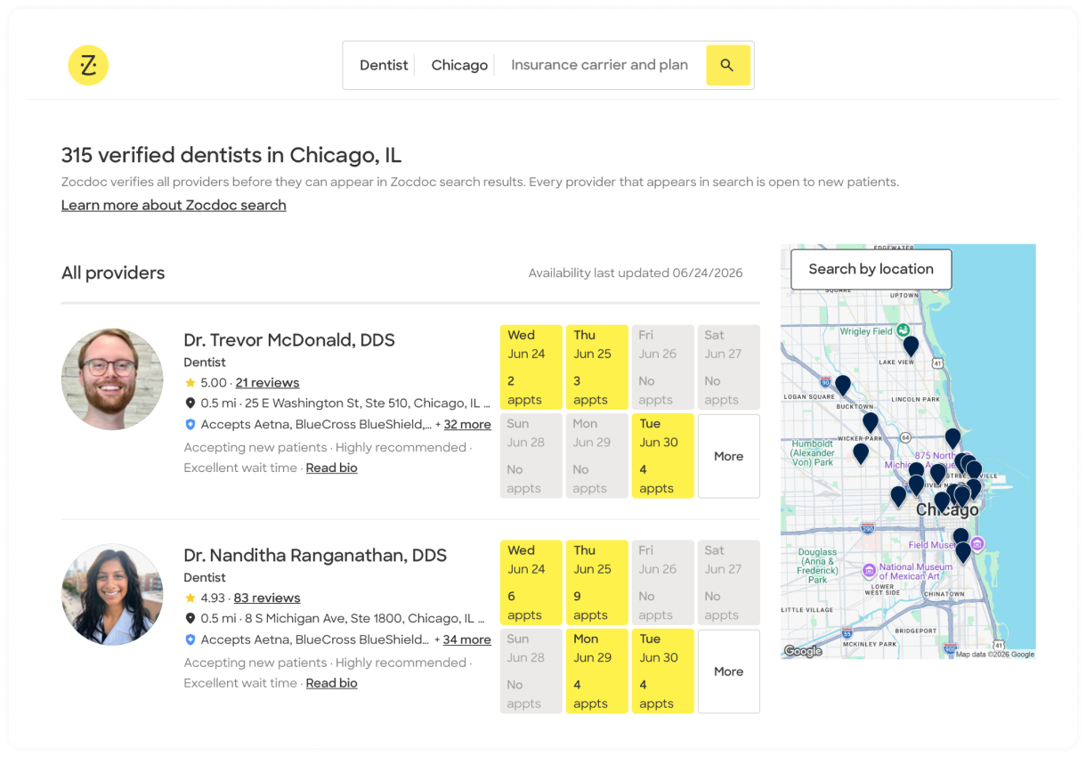 Zocdoc search displays Chicago dentists with appointment availability and a map view.
