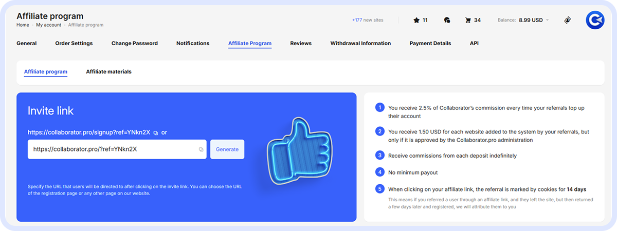 Affiliate program page in the Master Account displaying invite link generation interface with commission structure details: 2.5% of referral commissions, 1.50 USD per approved website, and 14-day cookie tracking.