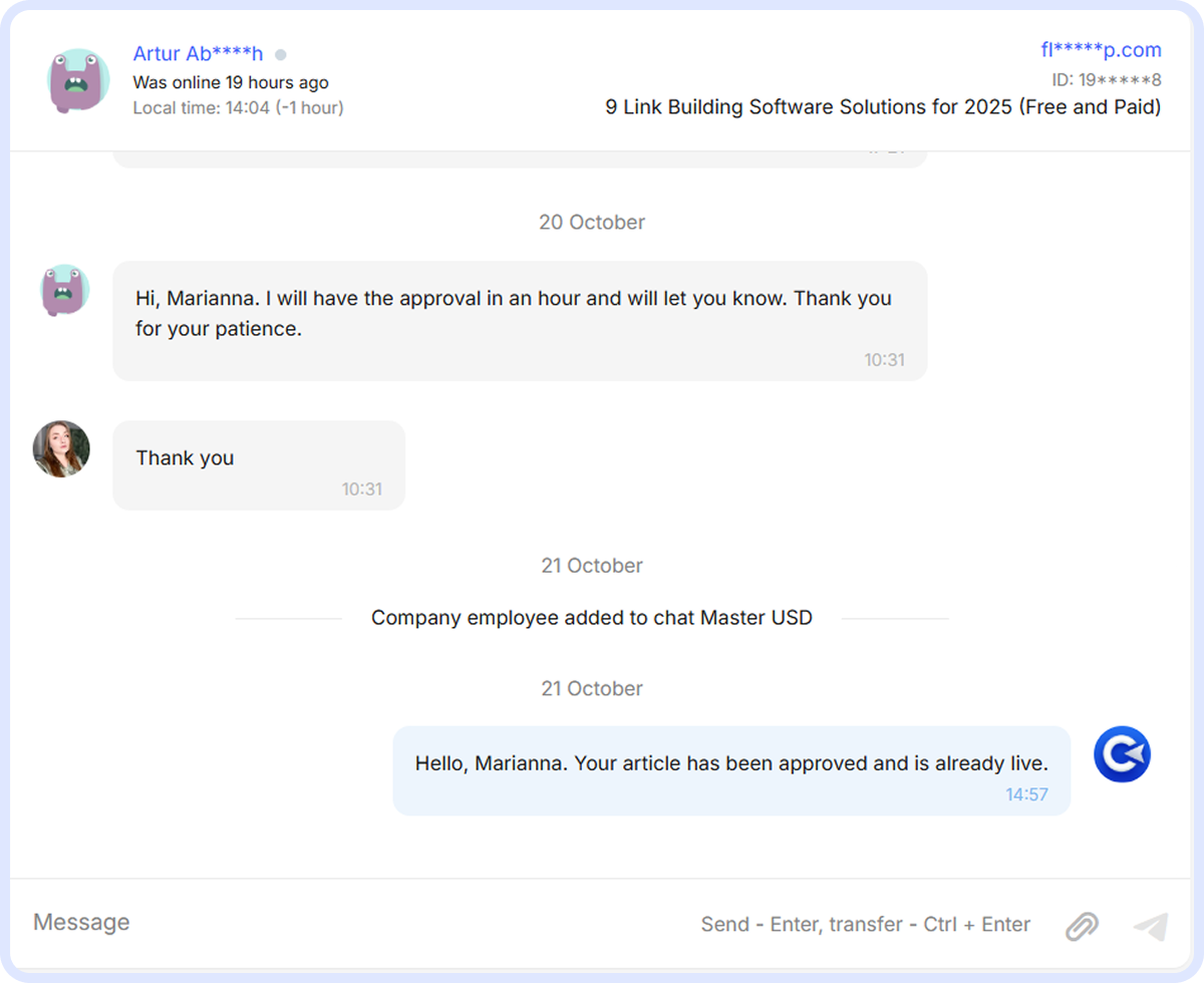 Internal Master Account chat showing the article approval process, including messages about approval waiting time and final approval notification.
