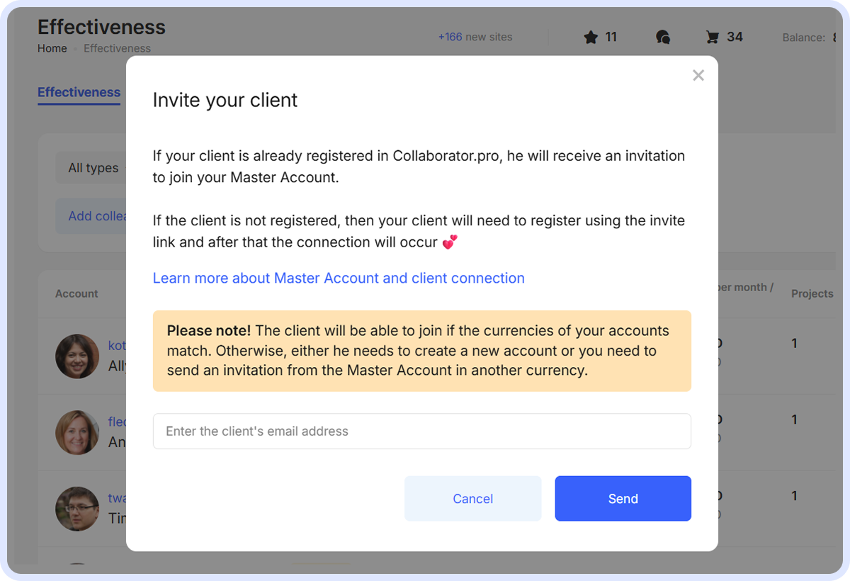 Invite your client modal with email input field, explanation about registration process, and note about currency matching requirement for account connection.