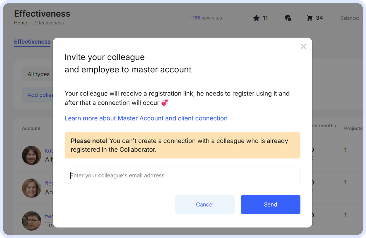 Invite colleague or employee to Master Account modal with email input, registration instructions, and warning that colleagues already registered in Collaborator cannot be connected.