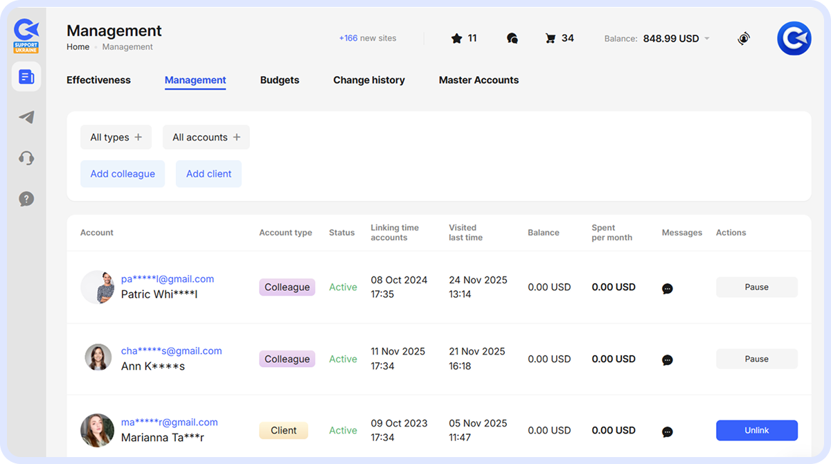Management page in the Master account listing three accounts with status and action columns.