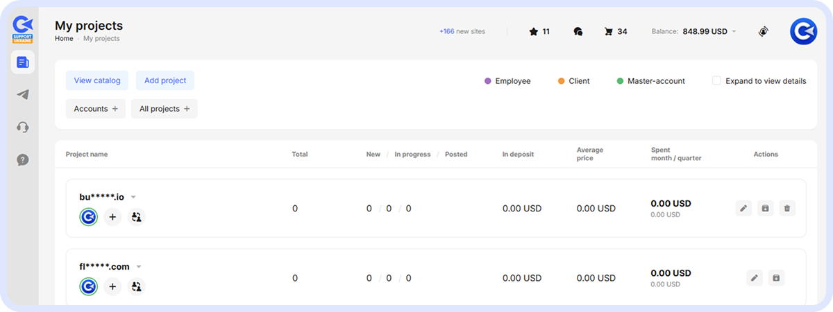 My Projects page in the Master Account showing two projects with activity, balance columns, and project management icons