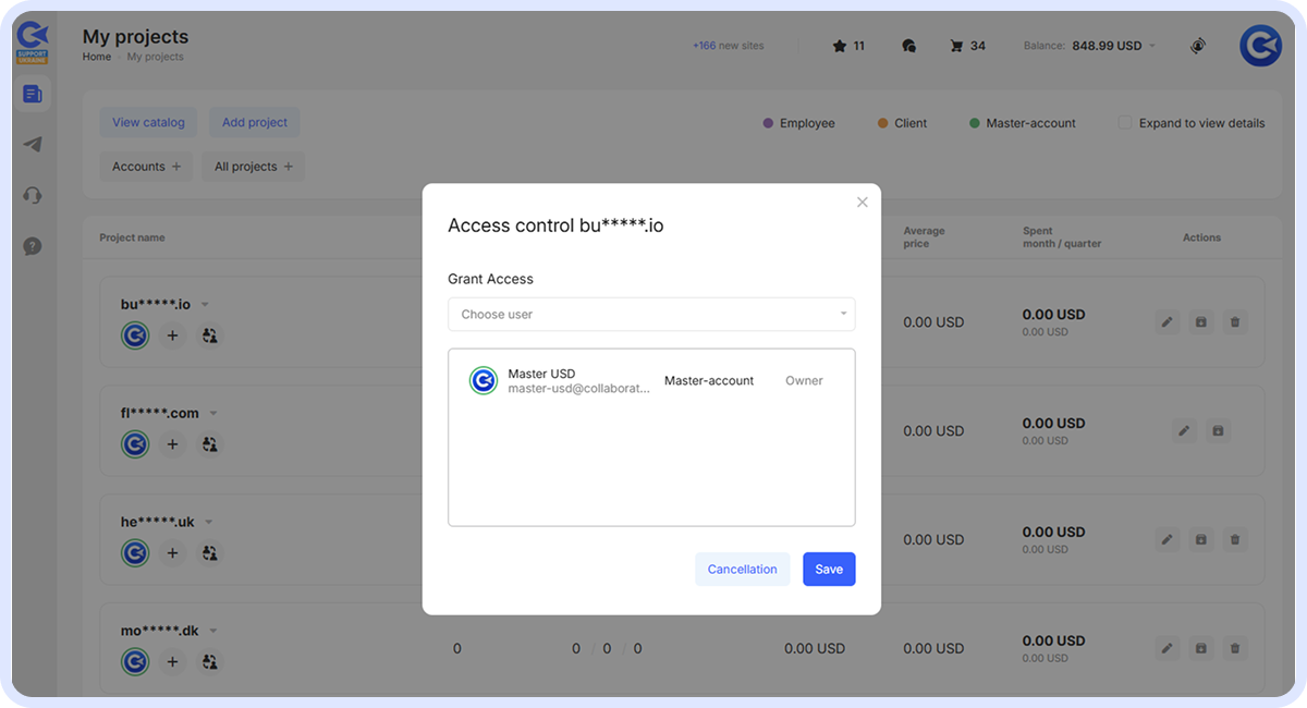 Access control modal for a project in the Master Account displaying only an Owner with Grant Access dropdown menu.
