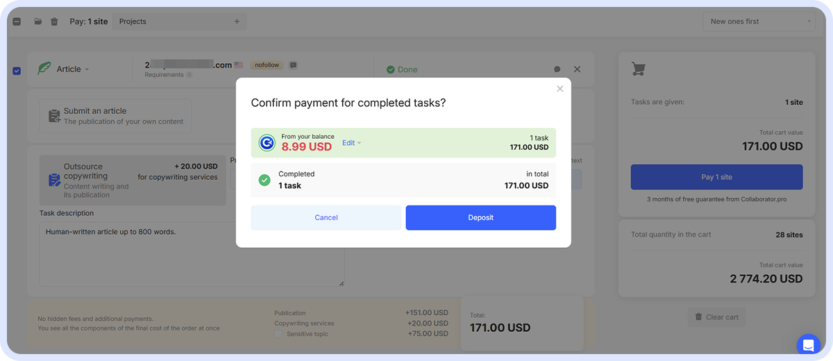 Dialog box in the Master Account confirming payment for completed tasks, showing balance, 1 completed task, and Cancel and Deposit buttons.