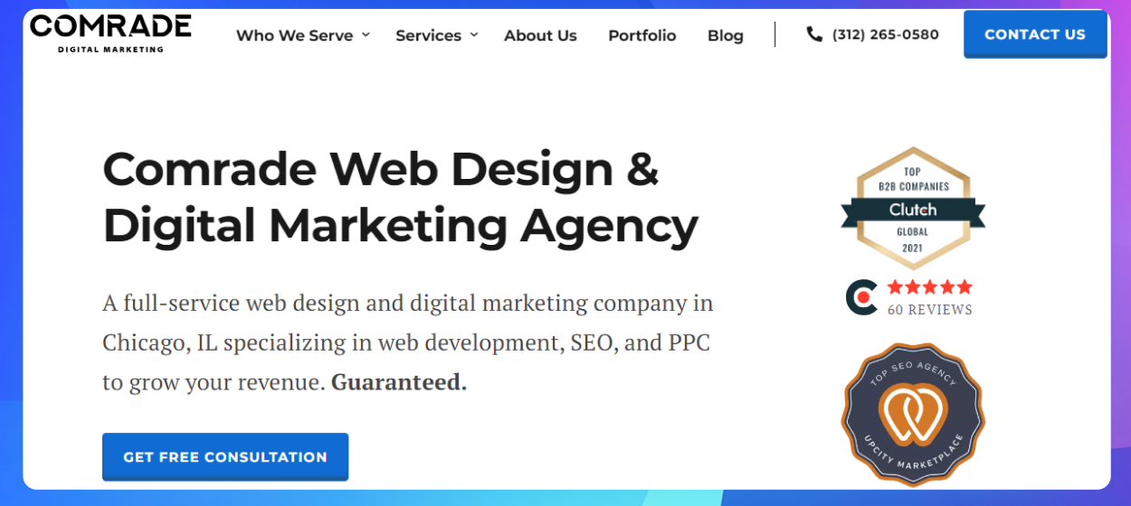 The homepage of the Comrade Digital Marketing website