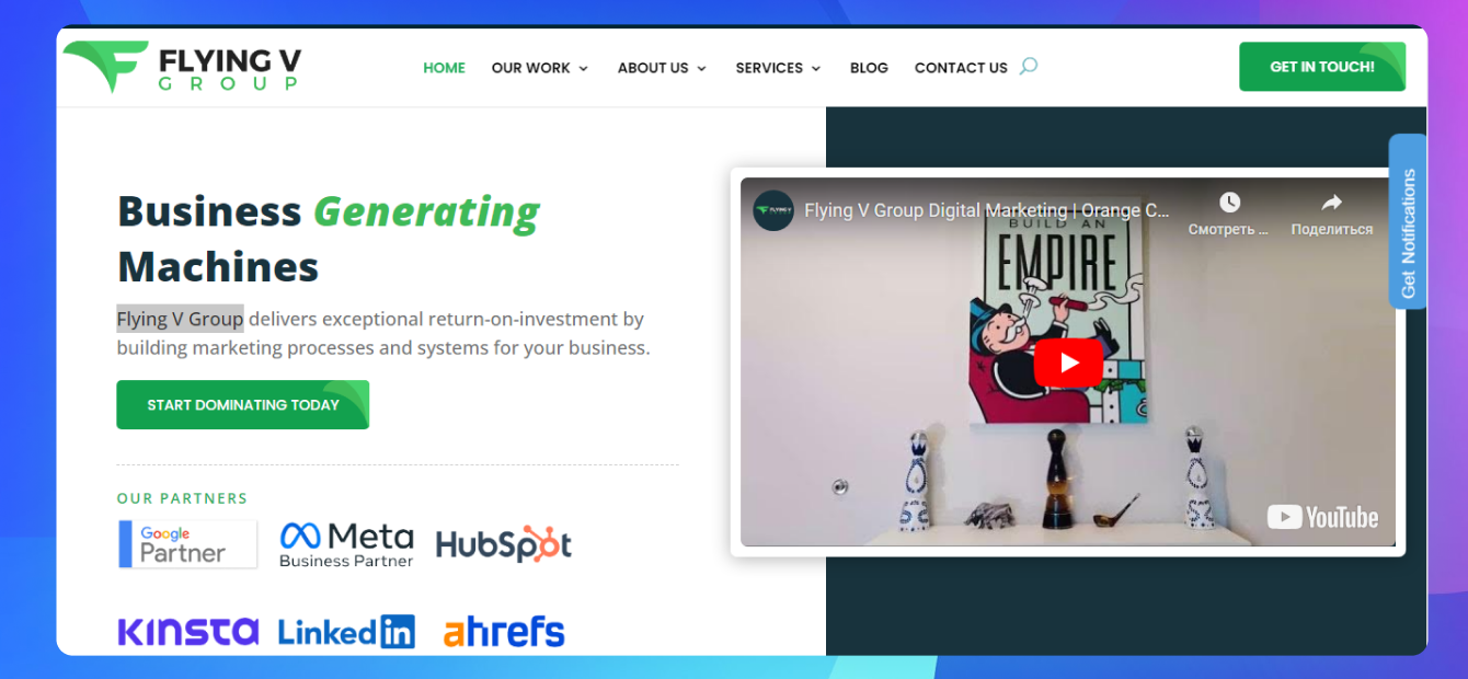 The homepage of the Flying V Group website