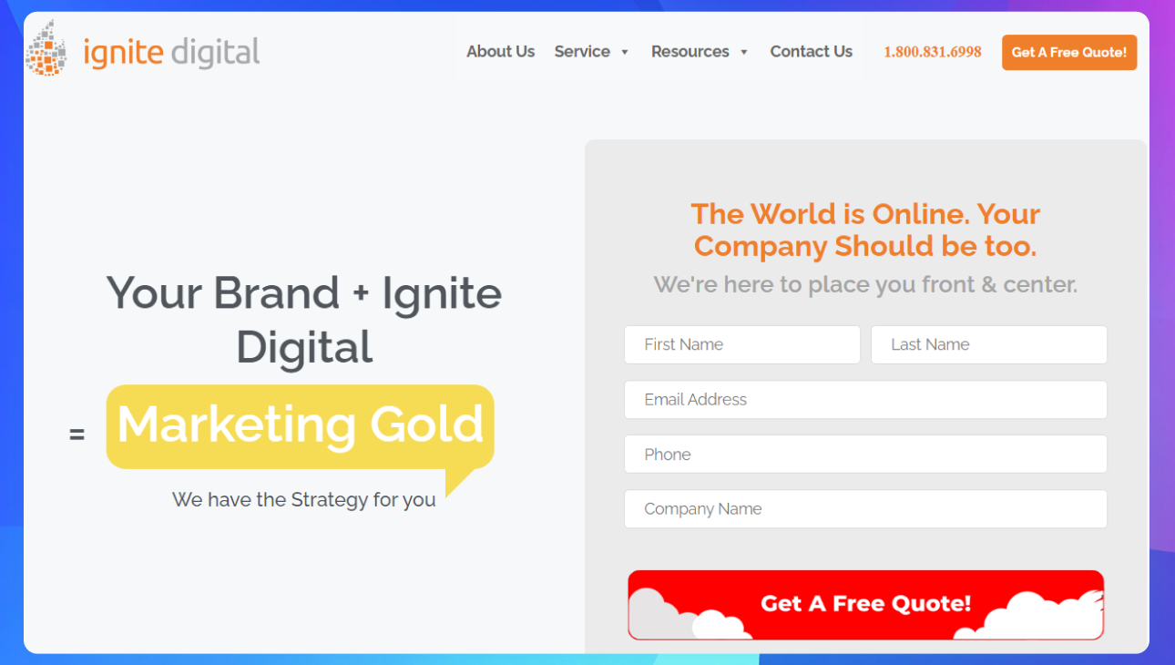 The homepage of the Ignite Ditigal website