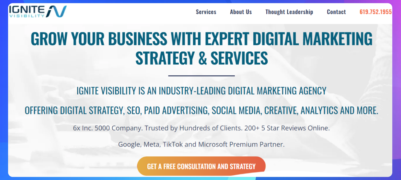 The homepage of the Ignite Visibility website